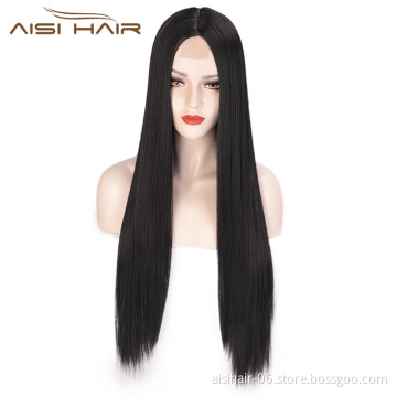 Aisi Hair 26 inch Natural Black Wig Long Silky Straight Lace Frontal Wig Middle Part Synthetic Front Lace Hair Wigs For Women